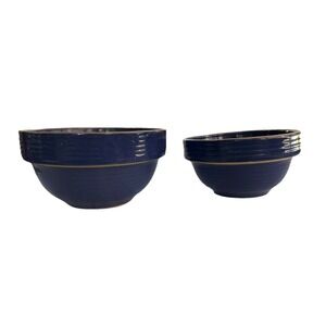 Two Vintage‎ Stoneware Ceramic Blue Ribbed Mixing Bowls 6" and 5"